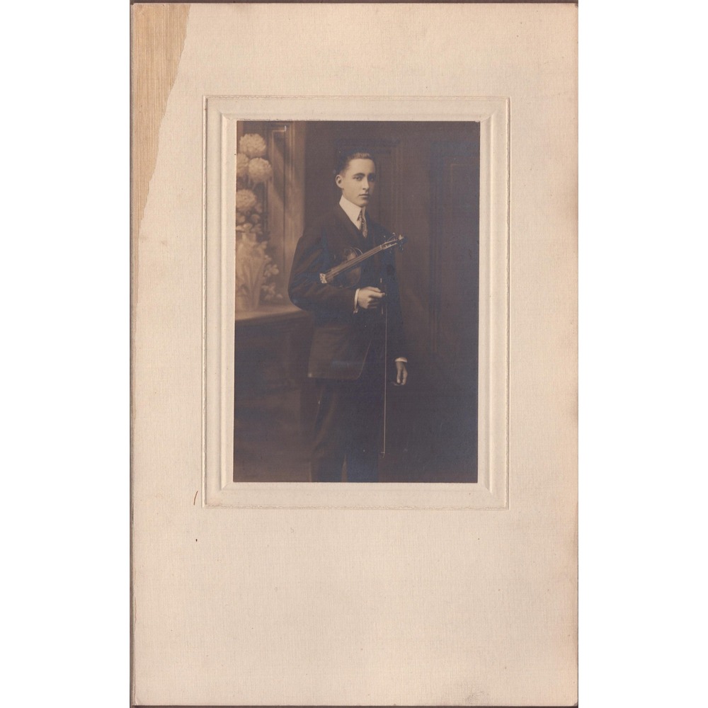 Antique Studio Portrait Young Man with Violin Early 1900s Mounted Photo 7x11